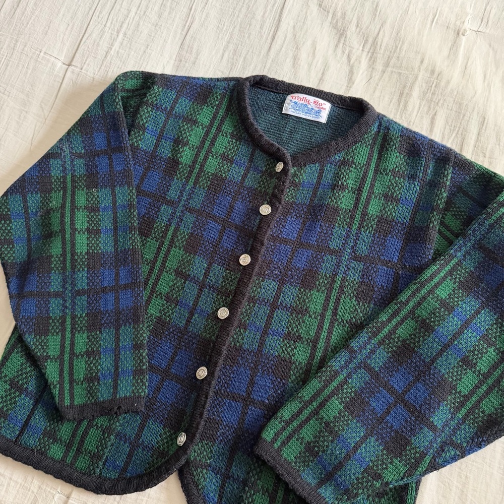 Tally Ho Vintage 100% Wool Sweater Cardigan Gold Buttons Plaid Green/Blue Sz‎ XL